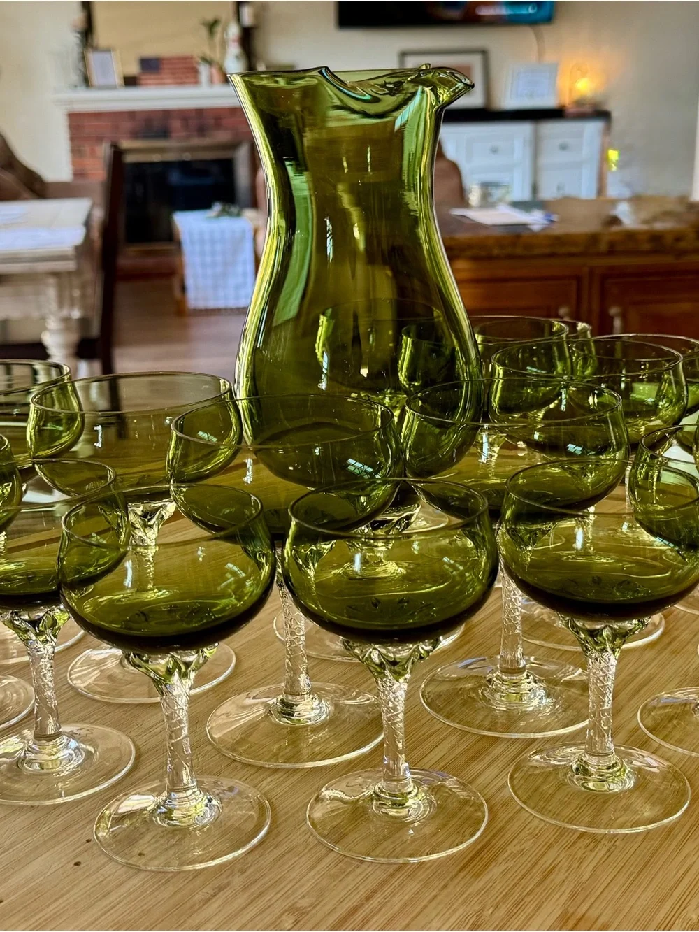 Green Glass Pitcher and Coupe Glasses Set - Elegant Olive Green Drinkware